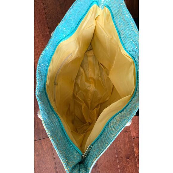Beach Bag Summer Vibes Metallic Turquois Canvas Tote Sequin Vacation - Picture 4 of 7